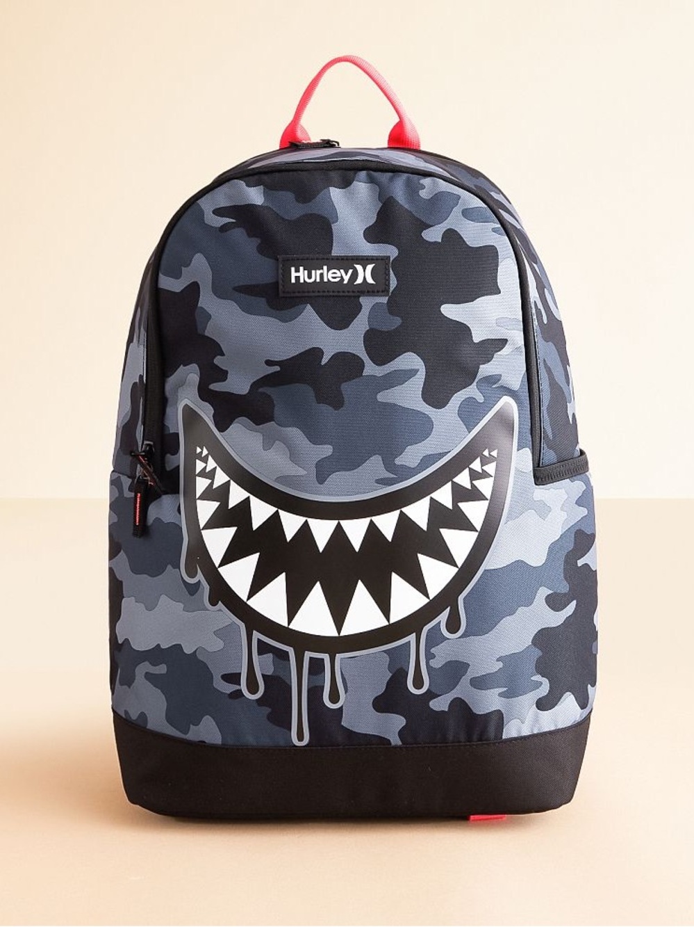 Hurley Blue and Gray Camo Backpack with Shark-Mouth Graphic